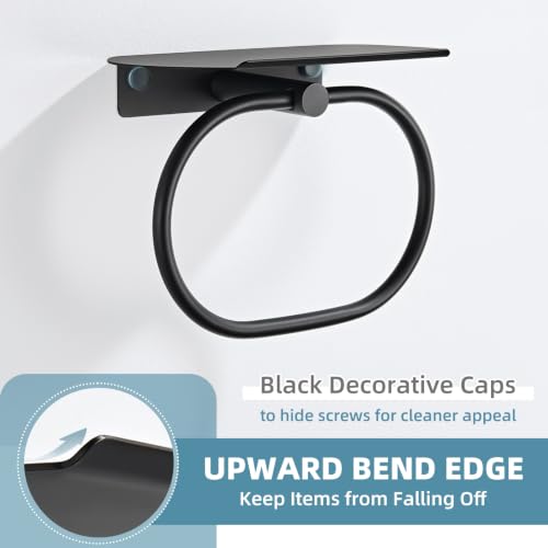 Suyar Oval Towel Ring with Shelf, Bathroom Hand Towel Holder Matte Black | SUS304 Stainless Steel, Space-Saving Solution, Versatile Top Shelf for Small Plants Toiletries Soap Phones, Wall Mounted - color: Matte Black