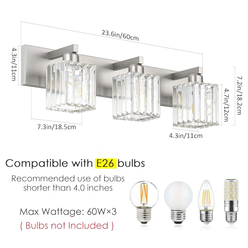 Aipsun Brushed Nickel Vanity Light Bathroom Lighting Fixtures 3 Light Crystal Modern Bathroom Vanity Light (Exclude Bulb) - color: Brushed Nickel, size: 23 inch