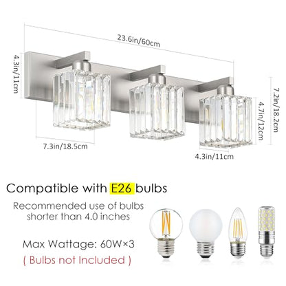 Aipsun Brushed Nickel Vanity Light Bathroom Lighting Fixtures 3 Light Crystal Modern Bathroom Vanity Light (Exclude Bulb) - color: Brushed Nickel, size: 23 inch