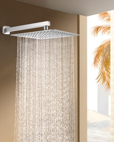 Rain Shower Head with Extension Arm Polished Chrome, 12" Rainfall Square Showerhead with 16" Shower Arm All Stainless Steel, 144 Outlets Waterfall Full Body Coverage - color: Chrome Polished