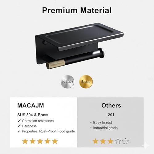 Toilet Paper Holder with Shelf, Stainless Steel PVD Black with Gold Accents | Wall Mount Toilet Tissue Roll Holder with Phone Shelf for Bathroom Storage, Solid Brass Roll Bar with Knurled Texture Detail - color: Dual Tone Black & Gold