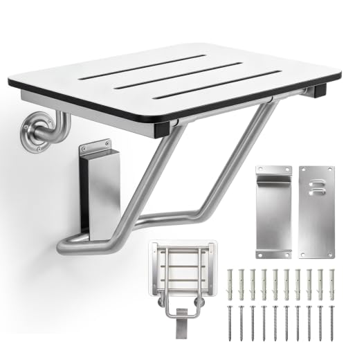 Leinuosen 18" x 15" Folding Shower Seat Bench ADA Compliant Wall Mount Phenolic White Foldable Shower Chair with Stainless Steel Support 400 Lbs Capacity for Inside Bathroom Bathtub Small Space