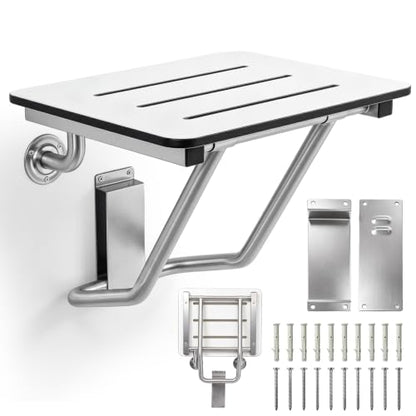 Leinuosen 18" x 15" Folding Shower Seat Bench ADA Compliant Wall Mount Phenolic White Foldable Shower Chair with Stainless Steel Support 400 Lbs Capacity for Inside Bathroom Bathtub Small Space