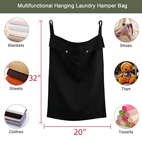 Linen Hanging Laundry Bag, 100% Linen Over The Door Laundry Hamper with Buttons and Zipper, Space Saving Door Hampers for Laundry Dirty Clothes Home Travel, Black - color: Black