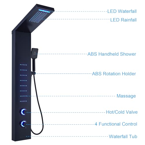 ELLO&ALLO Stainless Steel Shower Panel Tower System, Rainfall Head Rain Massage System with LED Body Jets, Black - color: Black