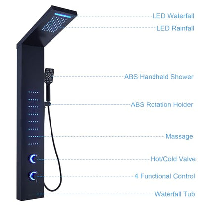 ELLO&ALLO Stainless Steel Shower Panel Tower System, Rainfall Head Rain Massage System with LED Body Jets, Black - color: Black