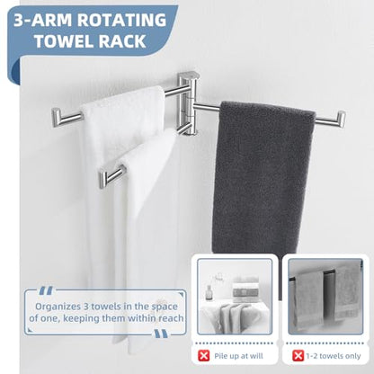 Aomasi Swivel Towel Rack with 3 Rotating Arm, Polished Chrome, Wall Mounted | 304 Stainless Steel, Rustproof Folding Towel Bar for Bathroom Kitchen RV, 180° Rotate Independently, Space-saving Design - color: Polished Chrome