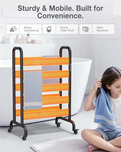 Freestanding Heated Towel Rack 10-Bar with Double Layer & Wheels | 400W Fast Heating Towel Warmer with 110–170°F Temperature Control, Timer & Auto Shut-Off, Matte Black Space Aluminum