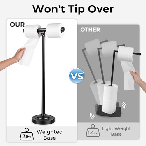 28" H Pivoting Toilet Paper Holder, 3.5lbs Extra-Weighted Base, No Tipping Rustproof, Taller Version, Free Standing Bathroom Floor Tissue Stand with Storage for up to 8 Rolls, Matte Black