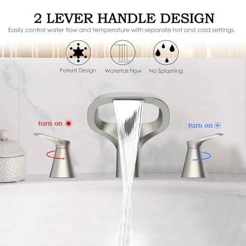 Bathroom Faucets for Sink 3 Hole, Bezeit 8 Inch Brushed Nickel Bathroom Faucet, Solid Brass Widespread Bathroom Faucet with Adjustable Waterfall Spout 2 Handles and 2 Supply Hoses - color: Brushed Nickel, style: Modern