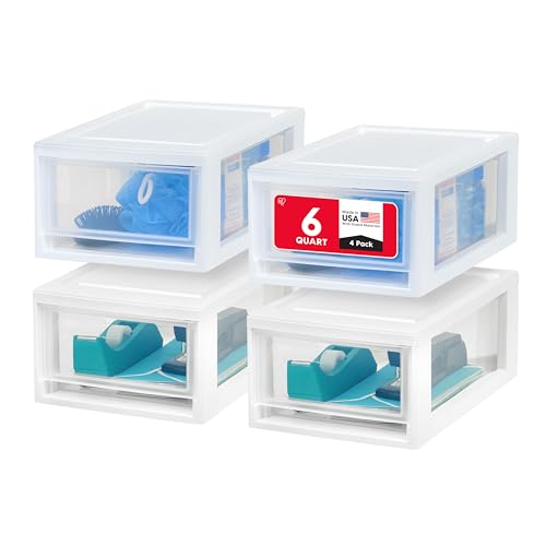 IRIS USA 4-Pack, 6 Qt. Small Stacking Drawer Storage Organizer, White | Organize craft supplies, accessories, office items, and small essentials around your home with separate storage spaces