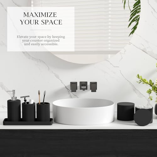 6-Piece Black Bathroom Set - Mesh Textured Resin Bathroom Accessories Set with Soap Dispenser, Toothbrush Holder, Cup, Vanity Tray & Apothecary Jars for Small Spaces - color: Black - Mesh Textured