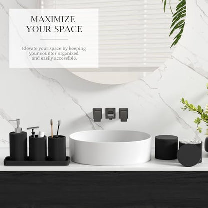 6-Piece Black Bathroom Set - Mesh Textured Resin Bathroom Accessories Set with Soap Dispenser, Toothbrush Holder, Cup, Vanity Tray & Apothecary Jars for Small Spaces - color: Black - Mesh Textured