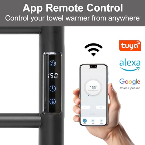 Electric Towel Rack with Voice Control for Alexa & Google Home,TUYA - Wall-Mounted Bathroom Heating Towel Warmer,Plug-in,Stainless Steel Material (Black with WiFi, 6 Bar)