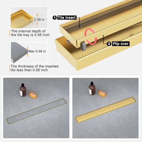 Linear Shower Drain - 48 Inch Brushed Gold, with Tile Insert Panels | AISI 304 Stainless Steel Shower Drain with Adjustable Feet, Hair Catcher, Rectangle Shower Floor Drain Fits Bathroom, Balcony - color: Brushed Gold, size: 48 Inch
