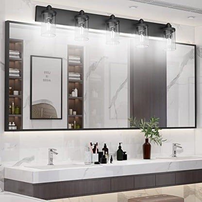 Aipsun Matte Black Bathroom Vanity Light Fixtures 5 Lights Industrial Lighting Fixtures Over Mirror with Clear Glass Shade(Exclude Bulb) - color: Black, size: 5-Light