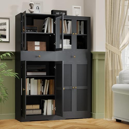 Space-Saving 67 Inch Bathroom Linen Cabinet,Freestanding Tall Storage Tower with Adjustable Shelves & Glass Doors for Bathroom, Kitchen, Hallway Organization (Black)