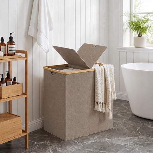 efluky Laundry Hamper with Lid, Double Laundry Basket with 2 Removable Bags, 2 Section Laundry Bin with Bamboo Handles for Bathroom, Bedroom & Laundry Room, 140L (36.9 Gallon) Brown - color: Brown, size: 140L Dual