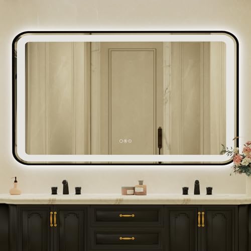 36x60 Inch LED Bathroom Mirror with Black Frame,Front and Backlit Vanity Mirror, Stepless Dimmable Wall Mirrors with Anti-Fog, 3 Colors, Memory, Waterproof, LED Smart Bathroom Mirror - color: Black, size: 36"L x 60"W