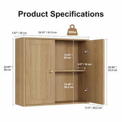 Semiocthome Wall Mounted Bathroom Cabinet with Vertical Grooved Doors, Oak | Wooden Medicine Cabinet with Adjustable Interior Shelf, Versatile Utility Storage for Bathrooms, Living Rooms and Kitchens