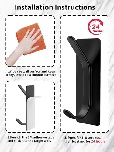 6 Pack Heavy Duty Adhesive Hooks, No Drill Self-Adhesive Wall Hook for Hanging, Sturdy Metal Door Hanger Towel Hook for Bathroom, Shower, Kitchen (Black) - color: Black