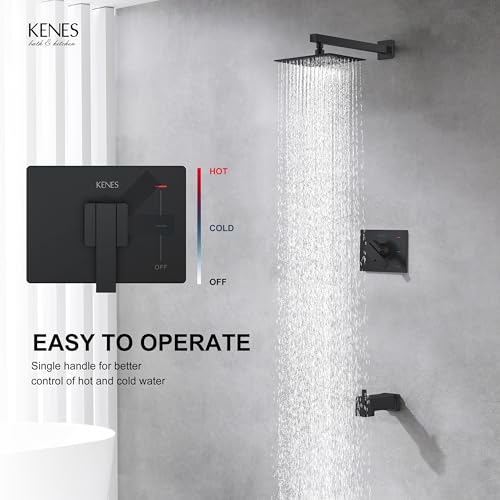 KENES Matte Black Shower Set with Tub Faucet, Square Tub Shower Trim Kit | Shower Faucet with 10-Inch Rain Shower Head, Square Shower System, Valve Included, Lead-Free cUPC & NSF Certified, Stainless - color: Matte Black, style: Tub Shower Faucet Set