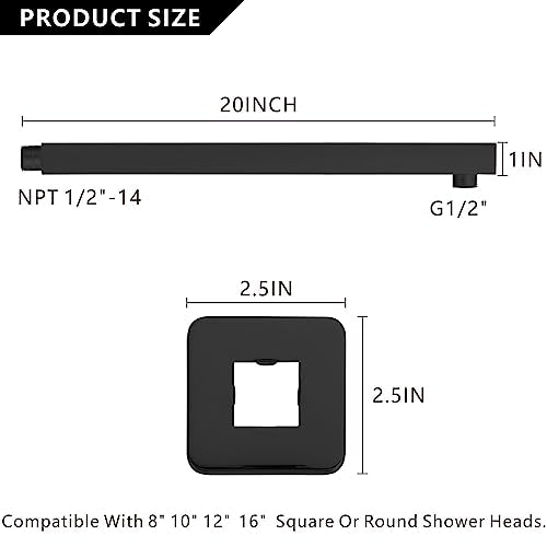 Voolan 20" Square Shower Arm with Flange and Teflon Tape, Extension Shower Head Arm for Bathroom Fixed Shower Head, Solid Stainless Steel, Wall Mounted (Matte Black) - color: Matte Black, style: 20 Inch