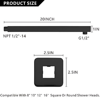 Voolan 20" Square Shower Arm with Flange and Teflon Tape, Extension Shower Head Arm for Bathroom Fixed Shower Head, Solid Stainless Steel, Wall Mounted (Matte Black) - color: Matte Black, style: 20 Inch