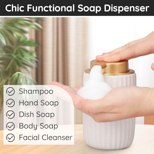 Segbeauty Foam Soap Dispenser Refillable, 10.8oz White Ceramic Foaming Hand Soap Dispenser, 320ml Empty Bathroom Lotion Dispensers Press Foaming Pump Bottle Modern Home Kitchen Containers for Creams - color: White Golden, style: Foaming