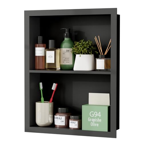 Stainless Steel Recessed Medicine Cabinet 14''*18'', Rust-Proof Metal Wall Niche, in Wall Shower Niche Shelf Insert Replacement, Recessed Medicine Cabinets for Drywall, Bathroom Storage, Black - color: Black, size: 18''H * 14''W (2-Tier)