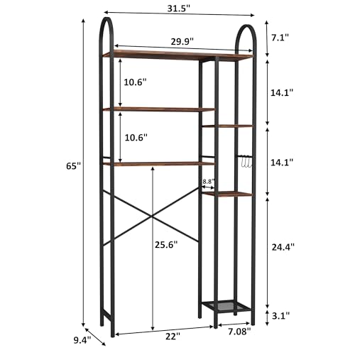 HOMEFORT Over The Toilet Storage with Side Rack, 6-Tier Over Toilet Storage Rack with Adjustable Shelf, Space Saver Bathroom Organizer for Laundry, Balcony, Kitchen,31.5"W x 9.4"D x 65"H,Rustic Brown