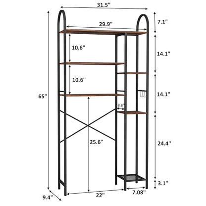 HOMEFORT Over The Toilet Storage with Side Rack, 6-Tier Over Toilet Storage Rack with Adjustable Shelf, Space Saver Bathroom Organizer for Laundry, Balcony, Kitchen,31.5"W x 9.4"D x 65"H,Rustic Brown
