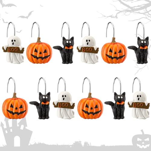 Colingmill 12 Pcs Halloween Cat Ghost Pumpkin Shower Curtain Hooks Xmas Shower Curtain Hooks Halloween Bathroom Decor Rings for Bathroom Bedroom - style: Cat Ghost Pumpkin