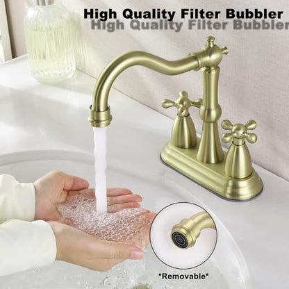 Antique Bathroom Faucet Brushed Gold, Senhozi Cross Handles Centerset Bathroom Faucet for Sink 3 Hole with Overflow Pop Up Drain Assembly and Supply Hose, SUS304 RV Bathroom Faucet 3 Hole, SE-0038-BG - color: Brushed Gold