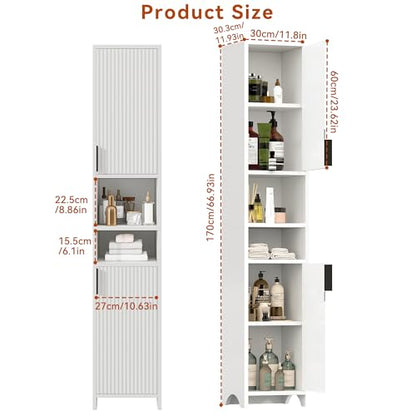 67'' Tall Bathroom Storage Cabinet, White Cabinet Organizer with Doors | Adjustable Shelves, Narrow Storage Cabinet, Slim Freestanding Storage Cabinet for Small Spaces, Living Room, Kitchen