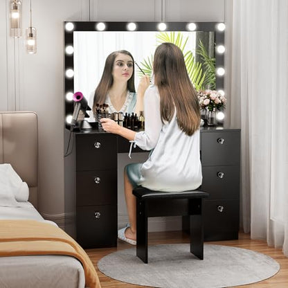 VOWNER Vanity with Lighted Mirror - Makeup Vanity Desk with Power Outlet and 7 Drawers, 3 Color Lighting Modes Adjustable Brightness, 44" Vanity Table with Soft Cushioned Stool for Women Girls, Black - color: Black