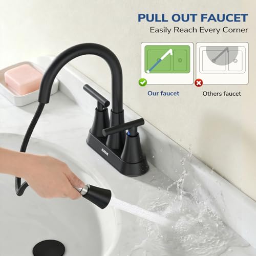 Centerset Bathroom Faucet with Pull Out Sprayer, 4 Inch 2 Handle Sink Faucet with Pop Up Drain, Stainless Steel Vanity Faucet with 2 Supply Hoses, Matte Black - color: Matte Black, size: 4 IN