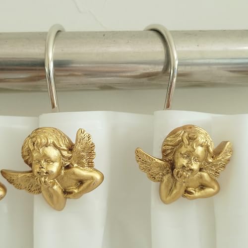 Twofish Home Golden Angel Shower Curtain Hooks Anti Rust Shower Curtain Hooks Decorative Resin Golden Angel Shower Curtain Rings Set of 12 - color: Golden Angel