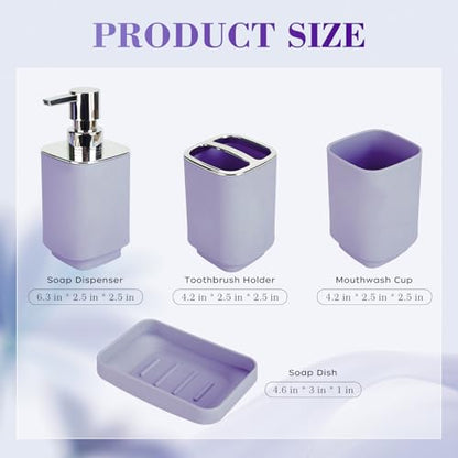 4Pcs Lavender Bathroom Set, Square Boho Soap & Toothbrush Holder Set | Thick shatterproof ABS, electroplated rust-proof pump, drip-free, multi-slot holder, dustproof lids, easy-clean - color: Lavender, size: 4PCS
