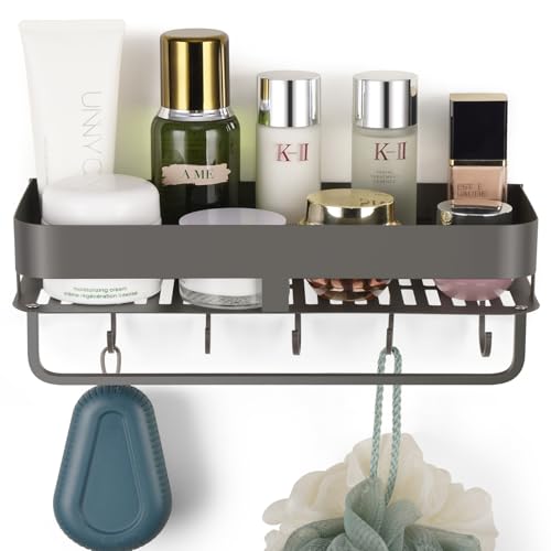 Extended version Adhesive Shower Caddy, 15.7 inch Stainless Steel Shower Shelves for Inside Shower with Hooks & Towel Bar-No Drilling(Gun Gray) - size: 15.7inch-1Pack-Adhesive Gun Gray