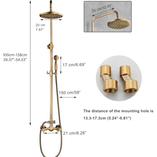Antique Brass Shower System Bathroom Shower Faucet Set with 8 Inch Rainfall Shower Head Handheld Spray 2 Cross Handles Wall Mounted Outdoor Shower Fixtures Solid Brass - color: Antique Brass, style: Two Modes
