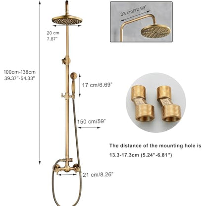 Antique Brass Shower System Bathroom Shower Faucet Set with 8 Inch Rainfall Shower Head Handheld Spray 2 Cross Handles Wall Mounted Outdoor Shower Fixtures Solid Brass - color: Antique Brass, style: Two Modes