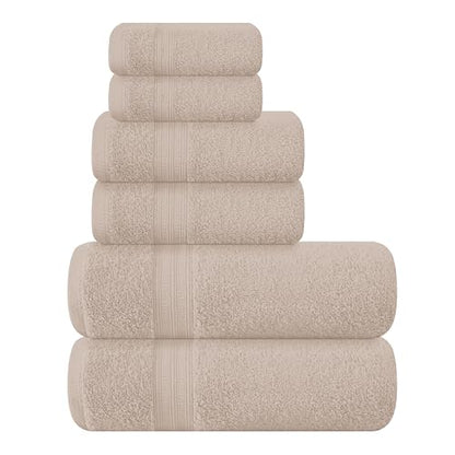 BOUTIQUO 6 Pack Cotton Towel Set, Contains 2 Bath Towels 27x54 inch, 2 Hand Towels 16x24 inch & 2 Wash Coths 12x12 inch, Ideal Everyday use, Ultra Soft Compact & Lightweight - Tan - color: Tan, size: 6 Piece Towel Set