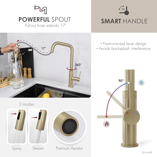 Stylish Touchless Kitchen Faucet with Pull Down Sprayer Single Lever Handle Dual Function Stainless Steel Kitchen Sink Faucet with Ceramic Cartridge and Aerator Brushed Gold Finish, K-150GM - color: Brushed Gold