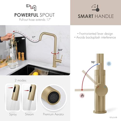 Stylish Touchless Kitchen Faucet with Pull Down Sprayer Single Lever Handle Dual Function Stainless Steel Kitchen Sink Faucet with Ceramic Cartridge and Aerator Brushed Gold Finish, K-150GM - color: Brushed Gold