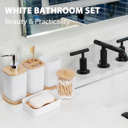 Bathroom Accessory Set, 10 Piece White Bathroom Set Complete | Includes Trash Can, Soap Dispenser, Toothbrush Holder, Soap Holder, Tumbler, Toilet Brush, Tray, Qtip Holders, Tissue Cover - color: White