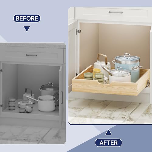 Pull Out Cabinet Organizer, 22.5 in W x 21 in D Solid Wood Slide Out Drawer, Soft Close Sliding Shelf, Bottom or Side Mount for Kitchen Pantry Bathroom, Fits 23.5 in Cabinet Opening - size: 22½” W × 4"H x 21” D