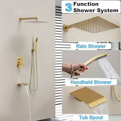 Shower System with 12-Inch Rain Head and Tub Spout | All-Metal Tub Shower Faucet Set, Wall Mounted Rain Showerhead, Handheld Spray, Includes Valve and Trim Kit, Brushed Gold - color: Brushed Gold, style: 12"-With Tub Spout