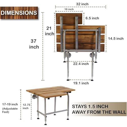 Teak Shower Bench with Legs | Folding Shower Chair for Elderly and Disabled, ADA Folding Shower Seat Wall Mounted Holds Upto 600lbs | 304 Stainless Steel Teak Shower Stool | 32" x21” Right Hand - size: 32 Right