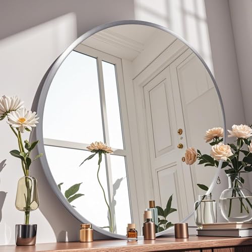 34inch Sliver Round Mirror,Aluminum Brush Framed,Wall Mounted Vanity Mirror,5MM Copper Free Mirror - size: 34"L x 34"W